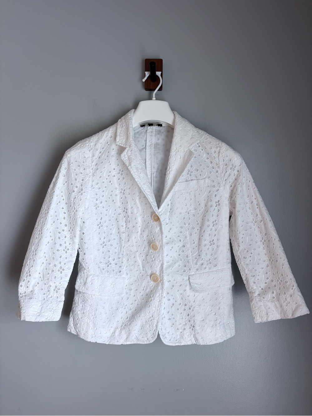 Talbots Womens White Eyelet Cotton Blazer 3/4 Sleeve Single Breasted Jacket Size